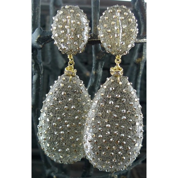 RONI BLANSHAY LARGE DROP WITH GOLDEN SHADOW MESH EARRINGS - Picture 1 of 6